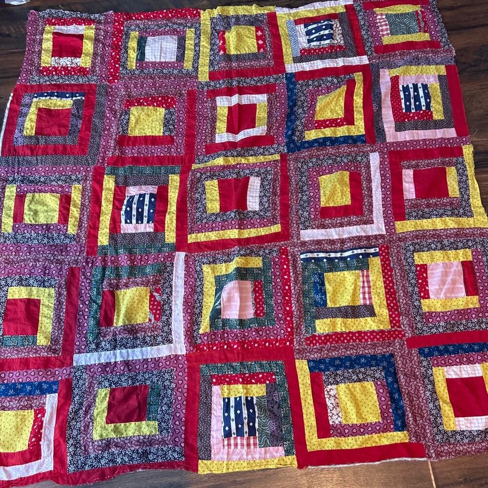 Log Cabin Quilt Topper Burgundy Navy Blue Yellow Country Cottage 53"x53" Square